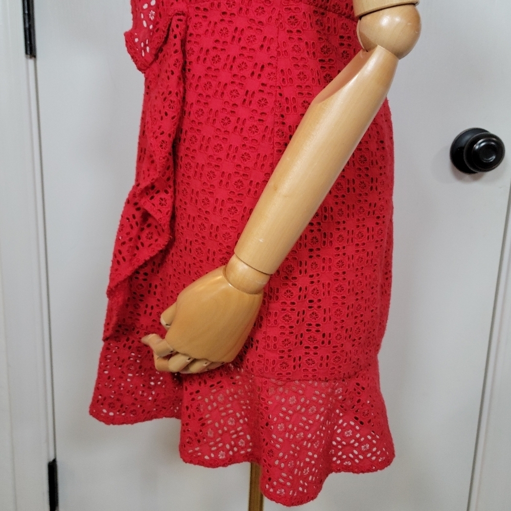 Bardot Red Eyelet Cotton Dress Off Shoulder Size 6/S - Picture 6 of 13